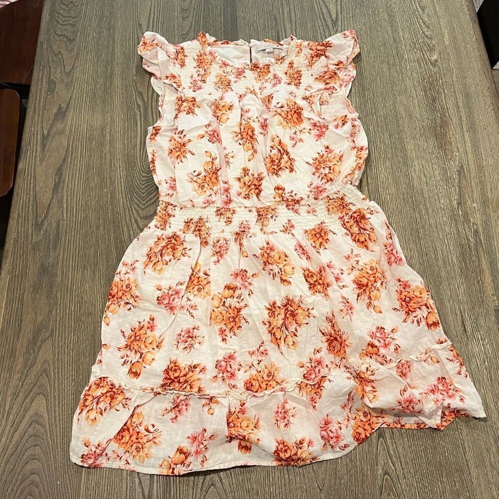 LOFT Floral Smocked Ruffle Flare Mini Dress Cap Sleeve Whisper White Size LT